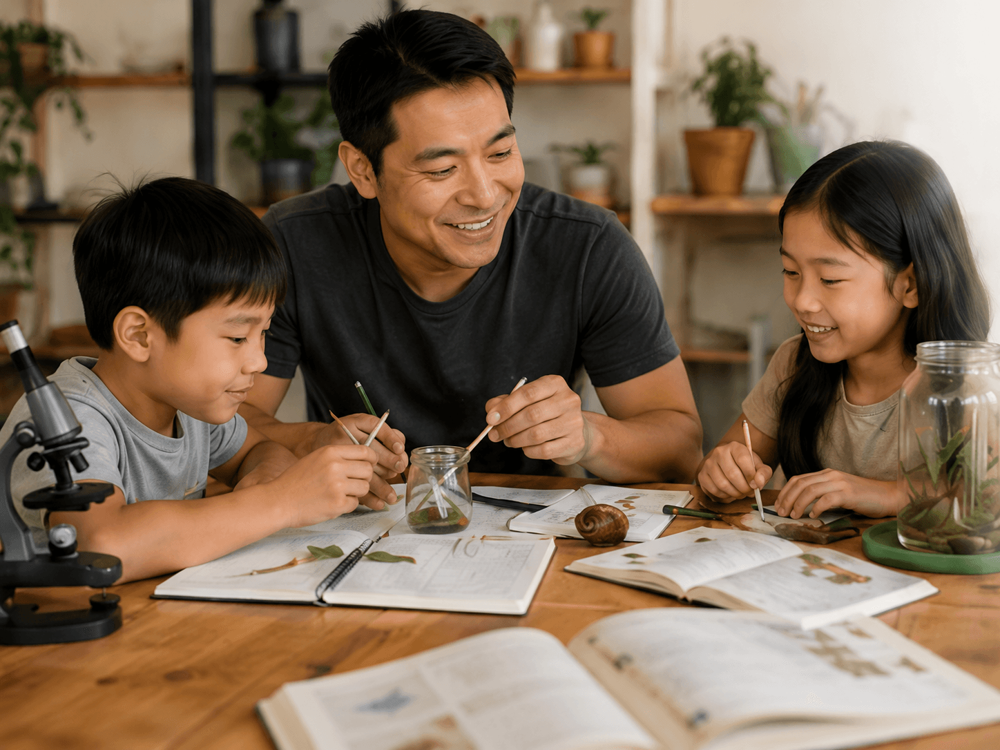A parent working with two children on a hands-on homeschool science activity.