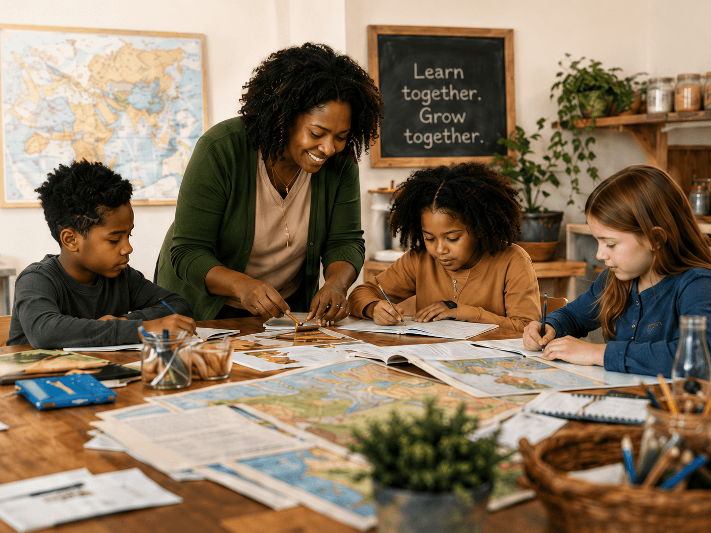 A homeschool commonwealth teacher helping children work on a group learning project.